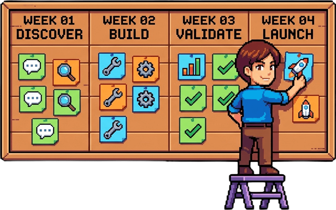 A four-week roadmap board showing Discover, Build, Validate, and Launch