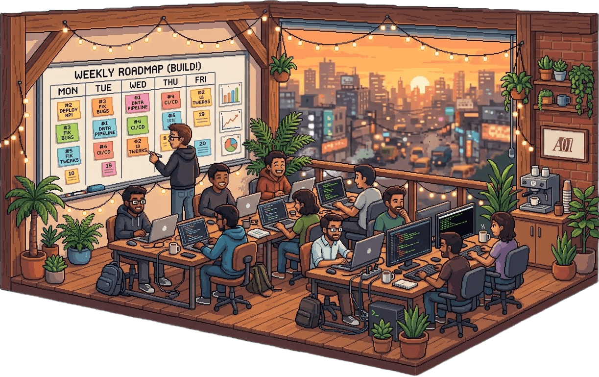Founders at a rooftop AREA 01 workspace with a weekly roadmap on the wall